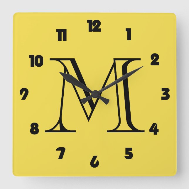 Monogram Fat Black Numbers On Yellow wccn Square Wall Clock (Front)
