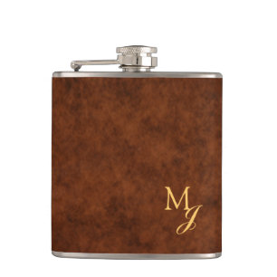 Monogram Faux Brown Leather Flask