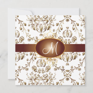 Monogram faux copper damask/white invitation
