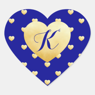Monogram Faux Foil Gold Hearts Pattern on Blue Heart Sticker