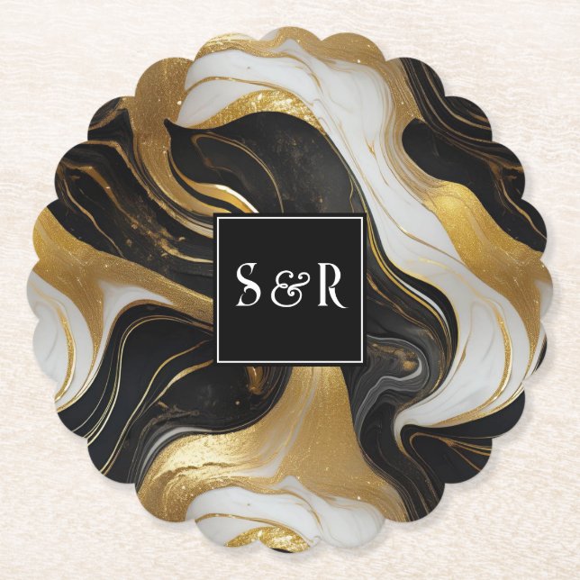 Monogram Faux Gold, Black & White Marbled Wedding Paper Coaster (Front)