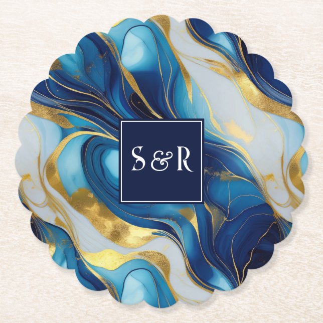 Monogram Faux Gold, Blue and White Marbled Wedding Paper Coaster (Front)