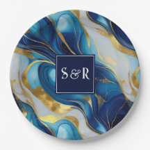 Monogram Faux Gold, Blue and White Marbled Wedding