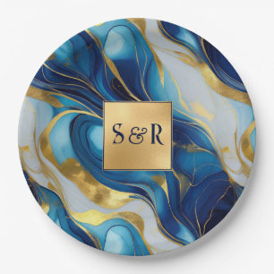 Monogram Faux Gold, Blue and White Marbled Wedding Paper Plate