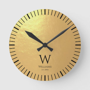 Monogram Faux Gold Foil Black Initial Custom Name Round Clock