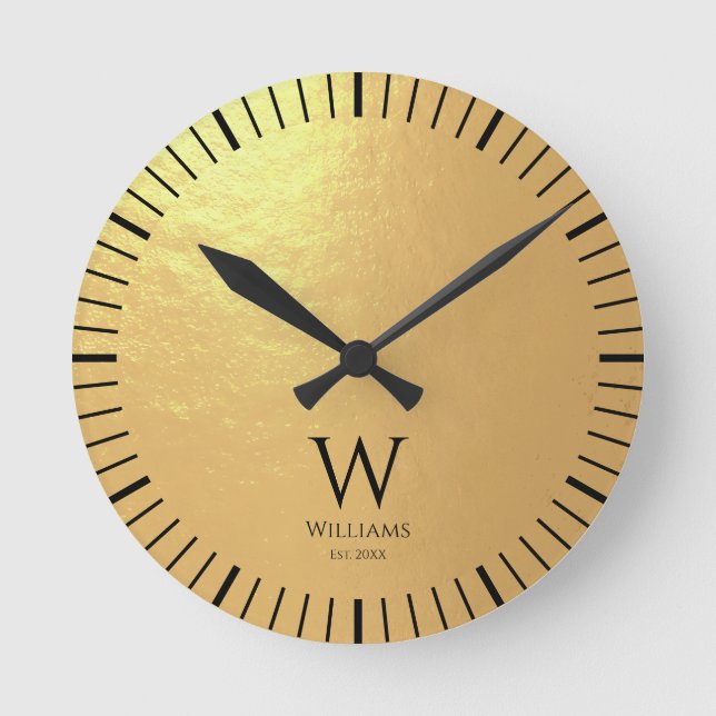 Monogram Faux Gold Foil Black  Initial Custom Name Round Clock (Front)