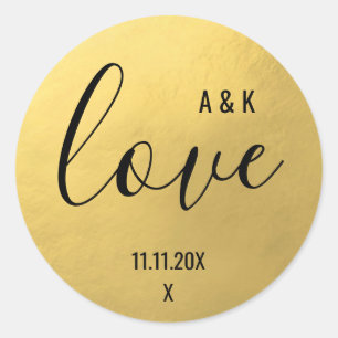 Monogram Faux Gold Foil LOVE Script Black Wedding Classic Round Sticker
