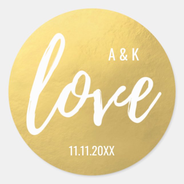 Monogram Faux Gold Foil LOVE Script Black Wedding Classic Round Sticker (Front)