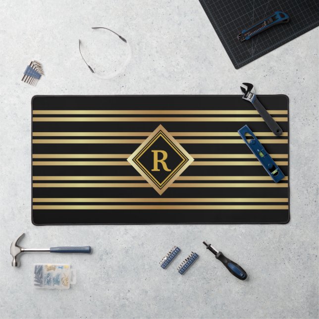 MONOGRAM Faux Gold Geometric on BLACK Desk Mat (Workstation)