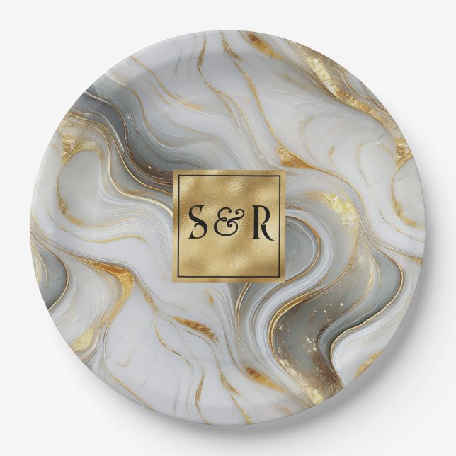 Monogram Faux Gold, Grey & White Marbled Wedding Paper Plate (Front)