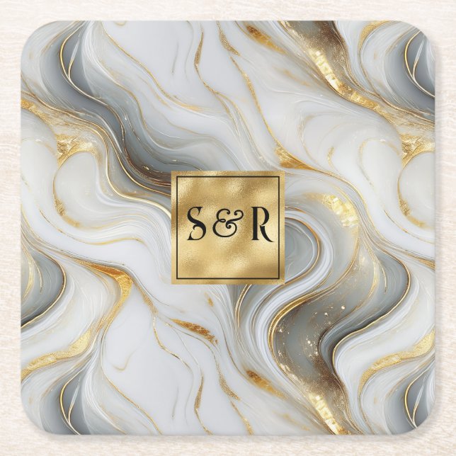 Monogram Faux Gold, Grey & White Marbled Wedding Square Paper Coaster (Front)
