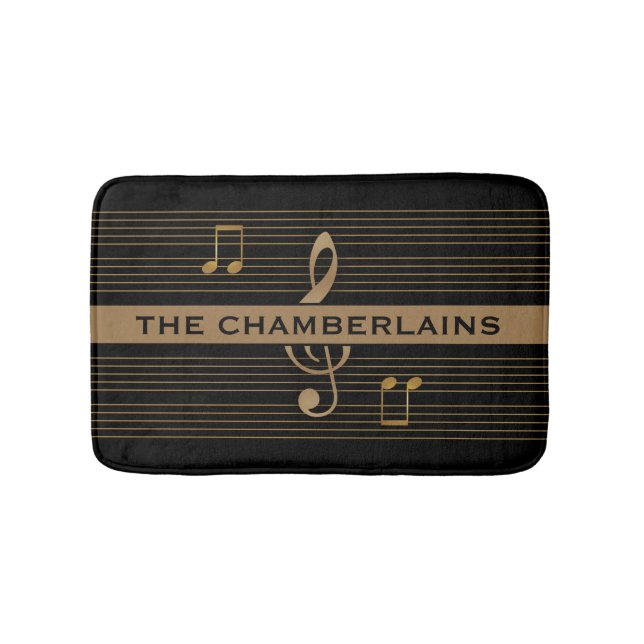 Monogram Faux Gold Treble Clef and Notes on BLACK Bath Mat (Front)