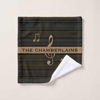 Monogram Faux Gold Treble Clef and Notes on BLACK Wash Cloth