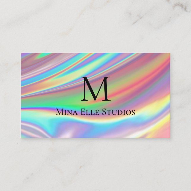 Monogram Faux Holographic Rainbow Business Card (Front)