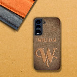 Monogram Faux Leather Dark brown Samsung Galaxy Case<br><div class="desc">This phone case features an elegant gold monogram and name on a dark rustic brown faux leather photo effect background. The monogram and name are both stylish and timeless, making this phone case a beautiful and unique choice. The faux leather background has a genuine leather look and feels, while the...</div>
