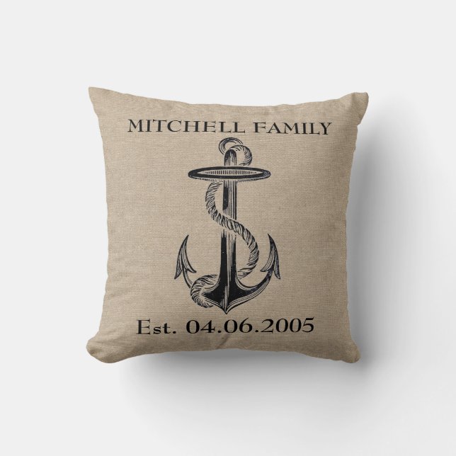 Monogram faux linen burlap rustic anchor beach cushion (Front)