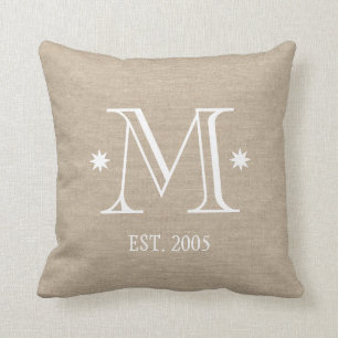 Monogram faux linen burlap rustic chic initial dat cushion