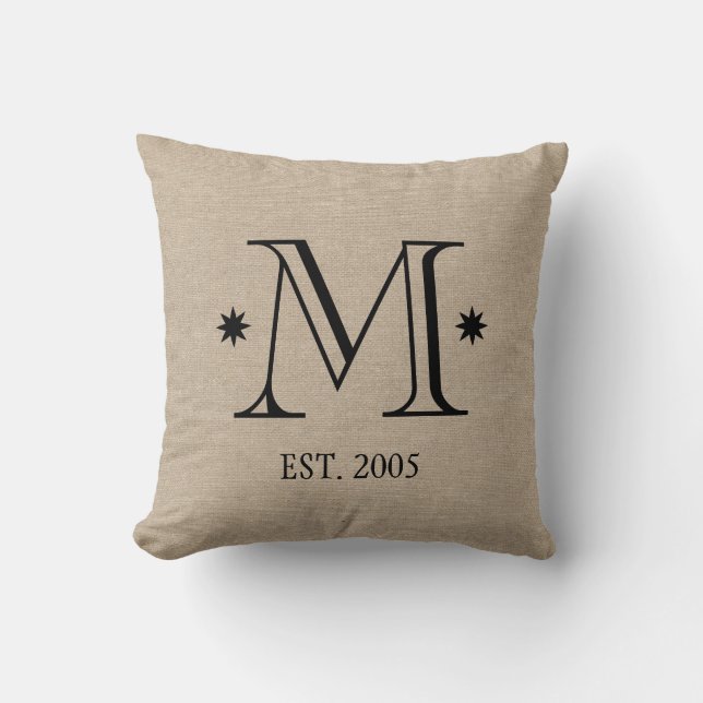 Monogram faux linen burlap rustic chic initial dat cushion (Front)