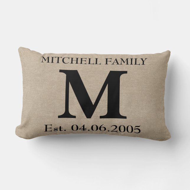 Monogram faux linen burlap rustic chic initial jut lumbar cushion (Front)