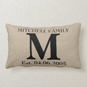 Monogram faux linen burlap rustic chic initial jut lumbar cushion