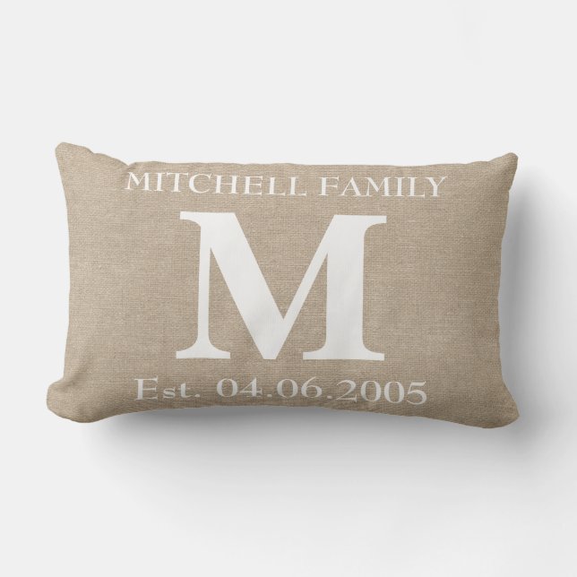 Monogram faux linen burlap rustic chic initial jut lumbar cushion (Front)