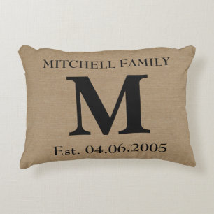 Monogram faux linen burlap rustic initial wedding decorative cushion