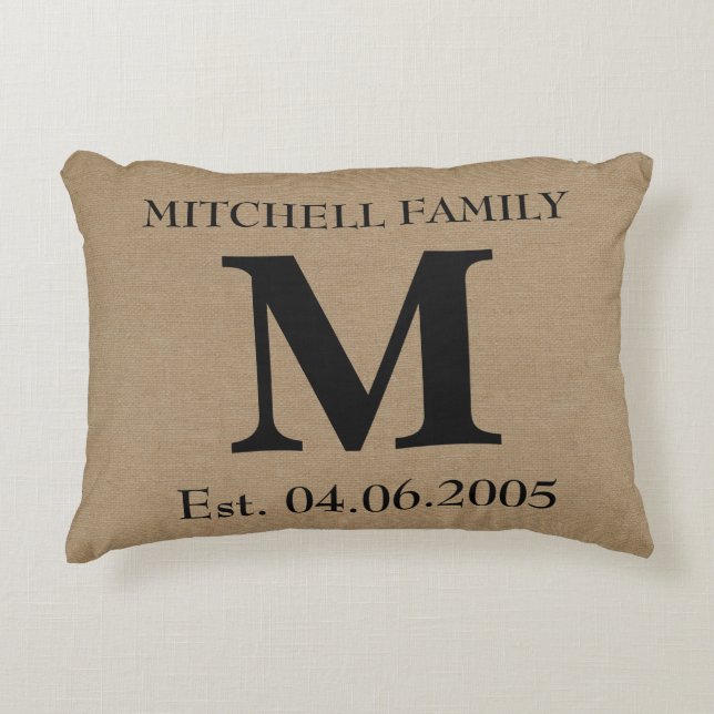 Monogram faux linen burlap rustic initial wedding decorative cushion (Front)