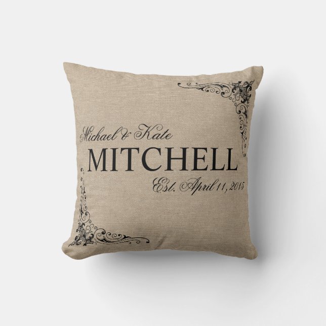 Monogram faux linen burlap rustic names wedding cushion (Front)