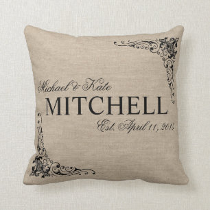Monogram faux linen burlap rustic names wedding cushion