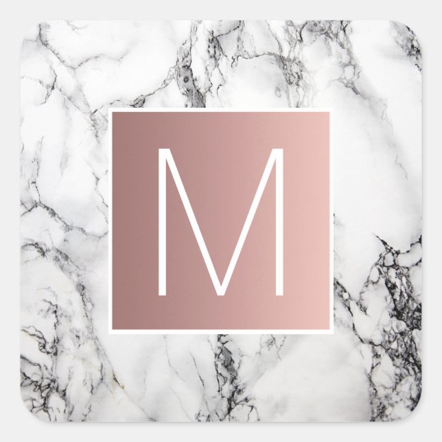 monogram faux rose gold and white on marble square sticker (Front)
