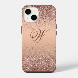 Monogram Faux Rose Gold Glitter iPhone 14 Case
