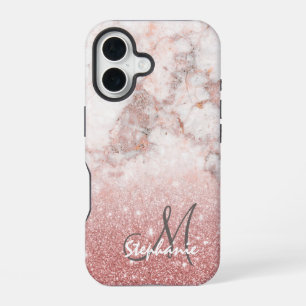 Monogram Faux Rose Gold Glitter White Marble Ombre iPhone 16 Case
