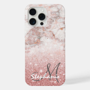 Monogram Faux Rose Gold Glitter White Marble Ombre iPhone 15 Pro Max Case