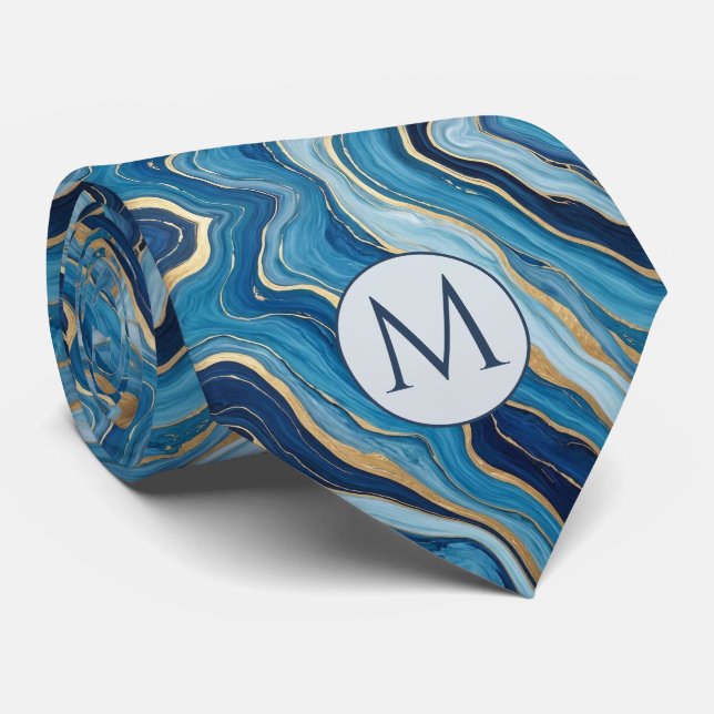 Monogram Faux Silk Neck Tie | Blue + Gold Marble (Rolled)
