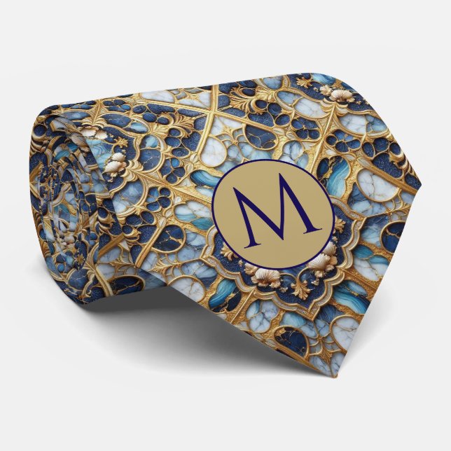 Monogram Faux Silk Neck Tie | Blue + Gold Marble (Rolled)