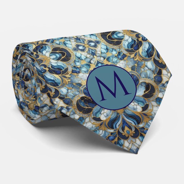 Monogram Faux Silk Neck Tie | Blue + Gold Marble (Rolled)