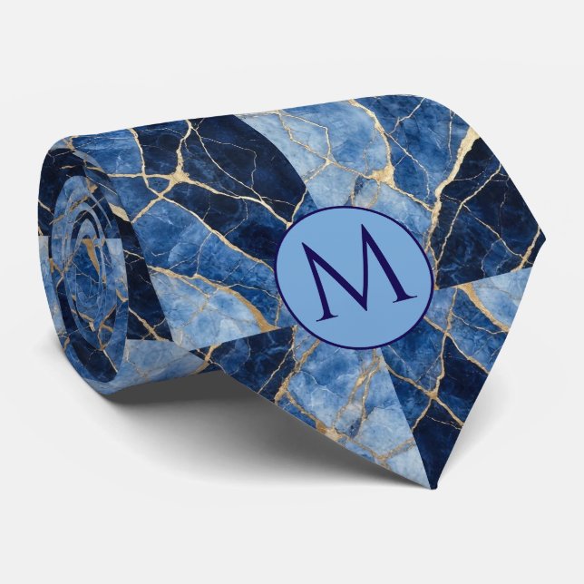 Monogram Faux Silk Neck Tie | Blue + Gold Marble (Rolled)