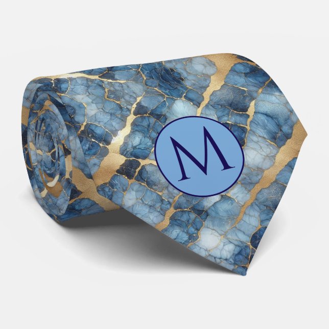 Monogram Faux Silk Neck Tie | Blue + Gold Marble (Rolled)