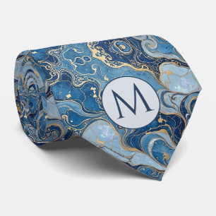 Monogram Faux Silk Neck Tie Blue + Gold Marble