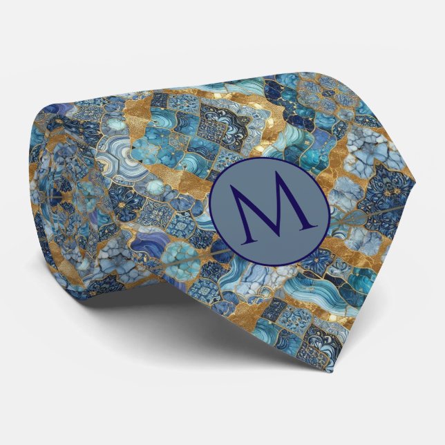 Monogram Faux Silk Neck Tie | Blue + Gold Marble (Rolled)