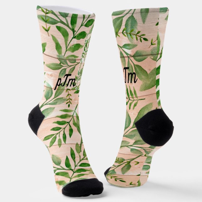 Monogram Faux Tan Wood with Abstract Foliage Crew Socks (Angled)