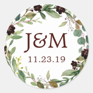 Monogram Favour Stickers Greenery Burgundy