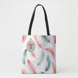 Monogram Feather Design in Red, Green & Gold Tote Bag