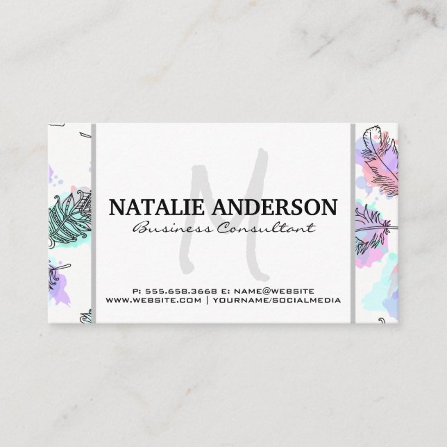 Monogram | Feathers Boho Pattern Business Card (Front)