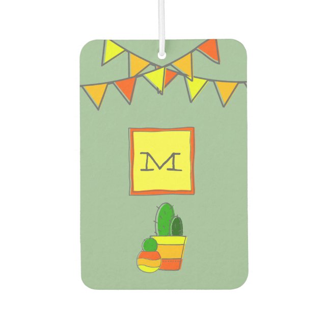 Monogram Festive Fiesta + Cute Hand-Drawn Cactus Car Air Freshener (Front)