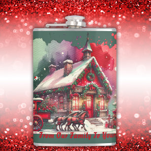 Monogram Festive Vintage Christmas on green   Hip Flask