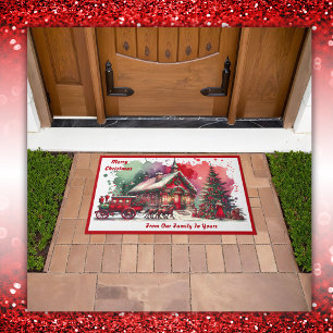 Monogram Festive Vintage Christmas on white   Doormat