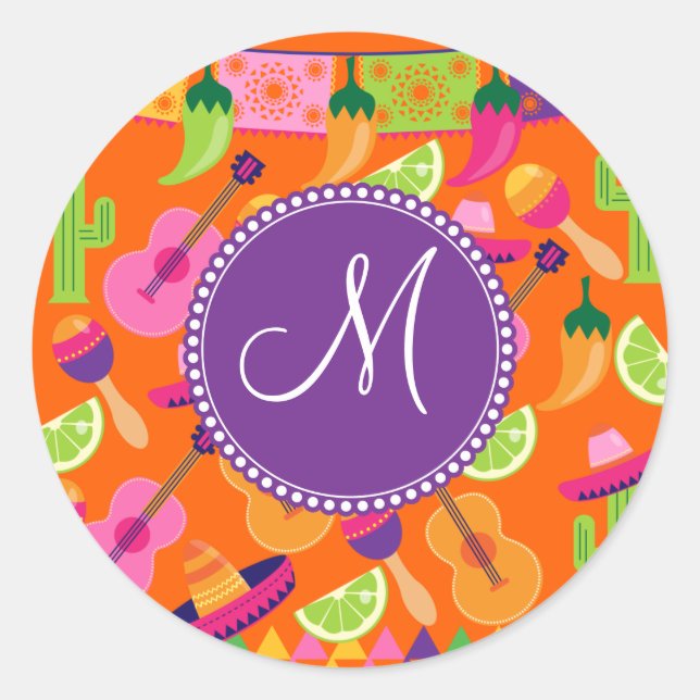 Monogram Fiesta Party Sombrero Cactus Limes Pepper Classic Round Sticker (Front)