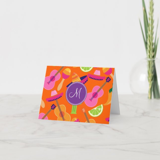 Monogram Fiesta Party Sombrero Cactus Limes Pepper Note Card (Front)