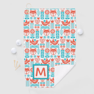 Monogram   Finnish Fox & Bird Folk Art Pattern Golf Towel